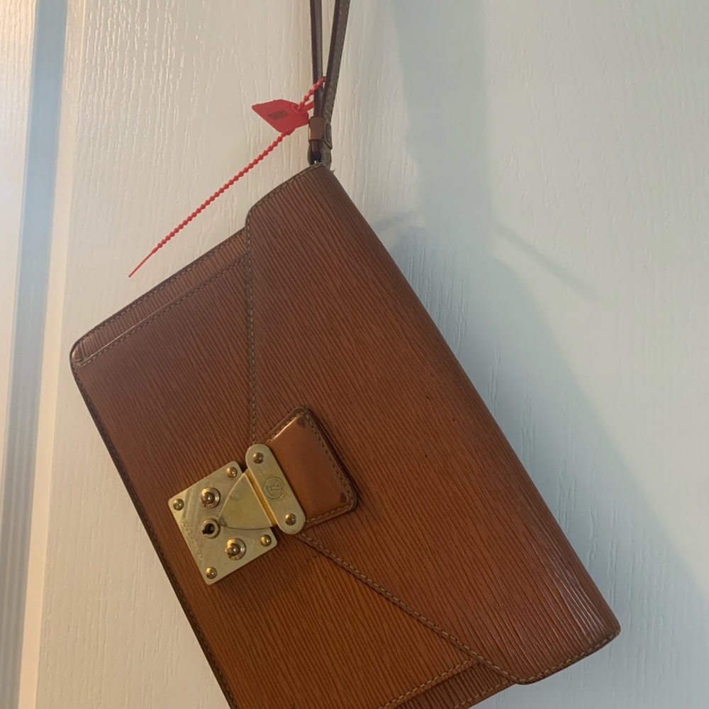 Louis Vuitton Brown Leather Clutch with Gold Clasp and Wristlet